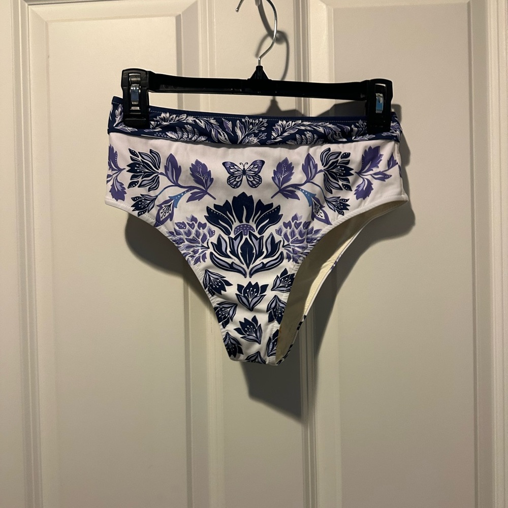 Farm Rio Blue and White Delicate Tapestry High Waist Swim Bottoms